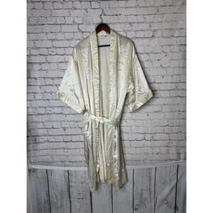 Adonna‎ Medium Ivory Satin Robe with Lace Trim
